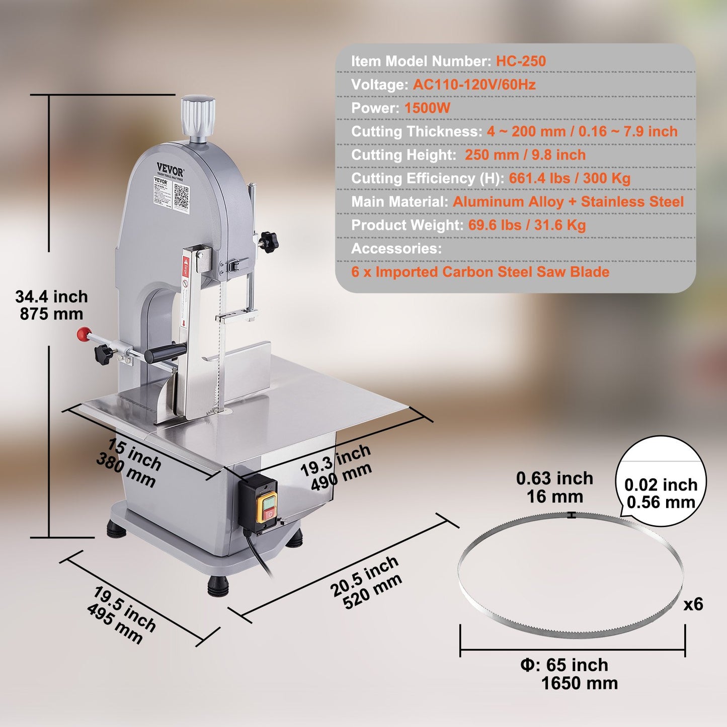 1500W Commercial Electric Meat Bandsaw Stainless Steel Bone Sawing Machine