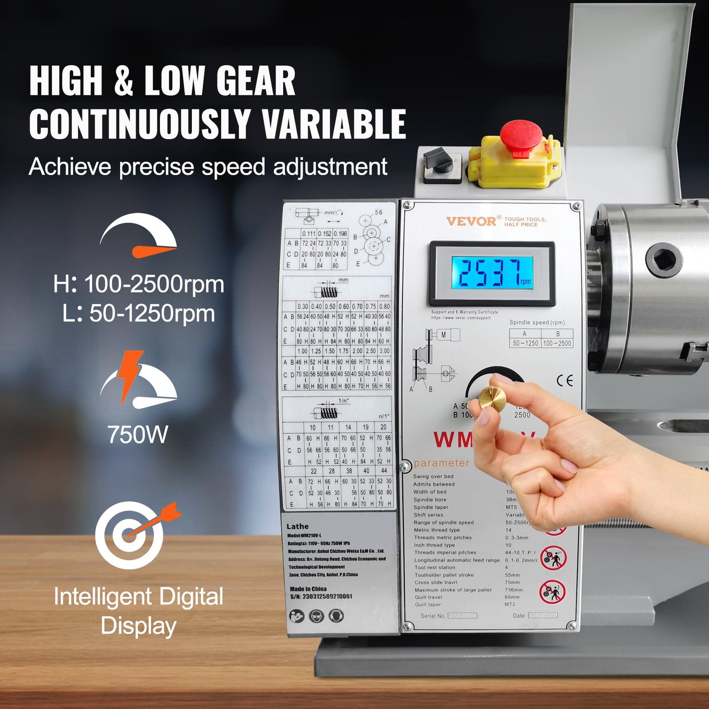 Metalldrehmaschine, 21,1 cm x 75 cm, Präzisions-Tischdrehmaschine, stufenlos regelbare Drehzahl 0–2500 U/min, 750-W-Bürstenlosmotor, Metallgetriebe, mit Werkzeugkasten zur Bearbeitung von Präzisionsteilen