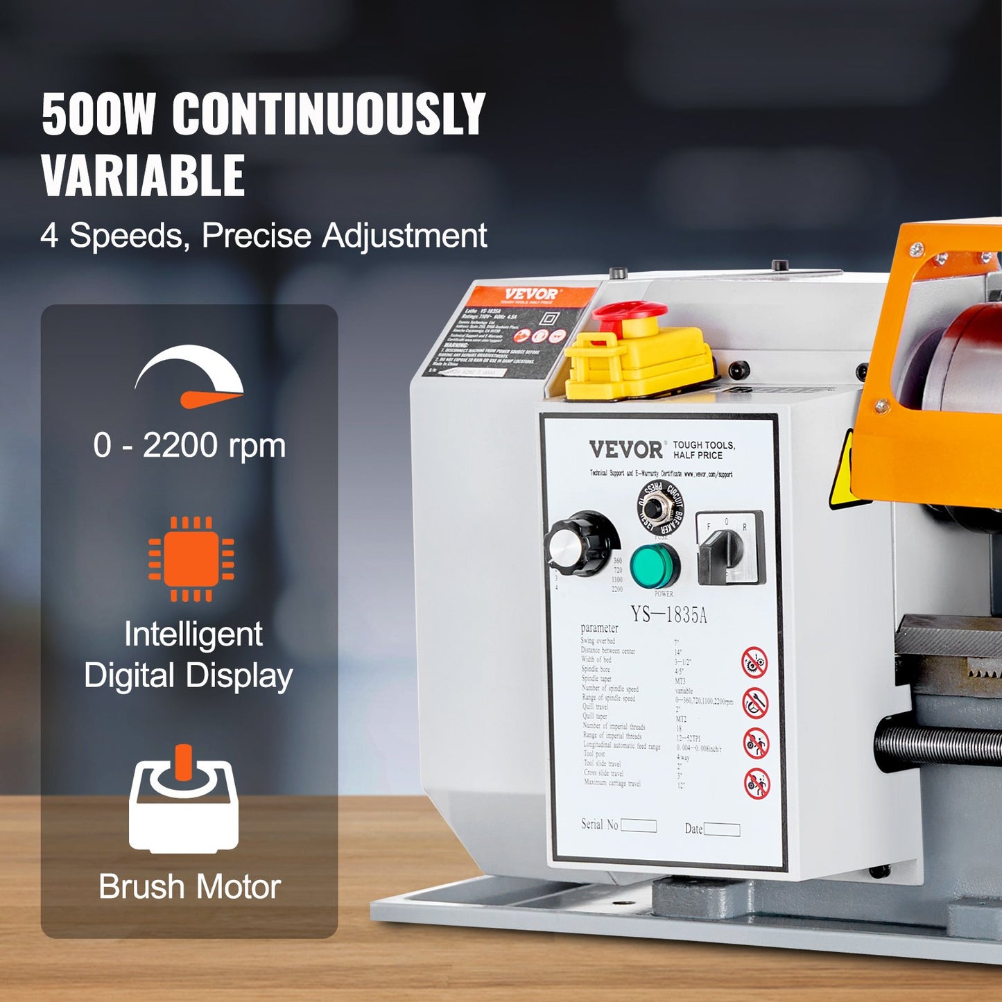 Metal Lathe Machine, 7'' x 13.78'', Precision Benchtop Power Metal Lathe, 0-2200 RPM Continuously Variable Speed, 500W Brush Motor Metal Gears, with Tool Box for Processing Precision Parts