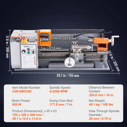 Metal Lathe Machine, 7'' x 13.78'', Precision Benchtop Power Metal Lathe, 0-2200 RPM Continuously Variable Speed, 500W Brush Motor Metal Gears, with Tool Box for Processing Precision Parts