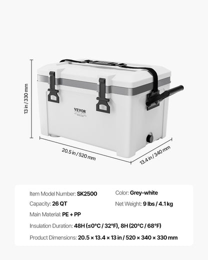 Portable Cooler, 26 QT Hard Cooler with Ice Retention, Heavy-Duty Handles and Strap, Lightweight Rigid Material Insulated Portable Cooler, Suitable for Family Picnics and Short Trips