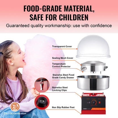 Electric Cotton Candy Machine, 1000W Candy Floss Maker, Commercial Cotton Candy Machine with Cover, Stainless Steel Bowl, and Sugar Scoop, Perfect for Home Kids Birthday, Family Party (Red)
