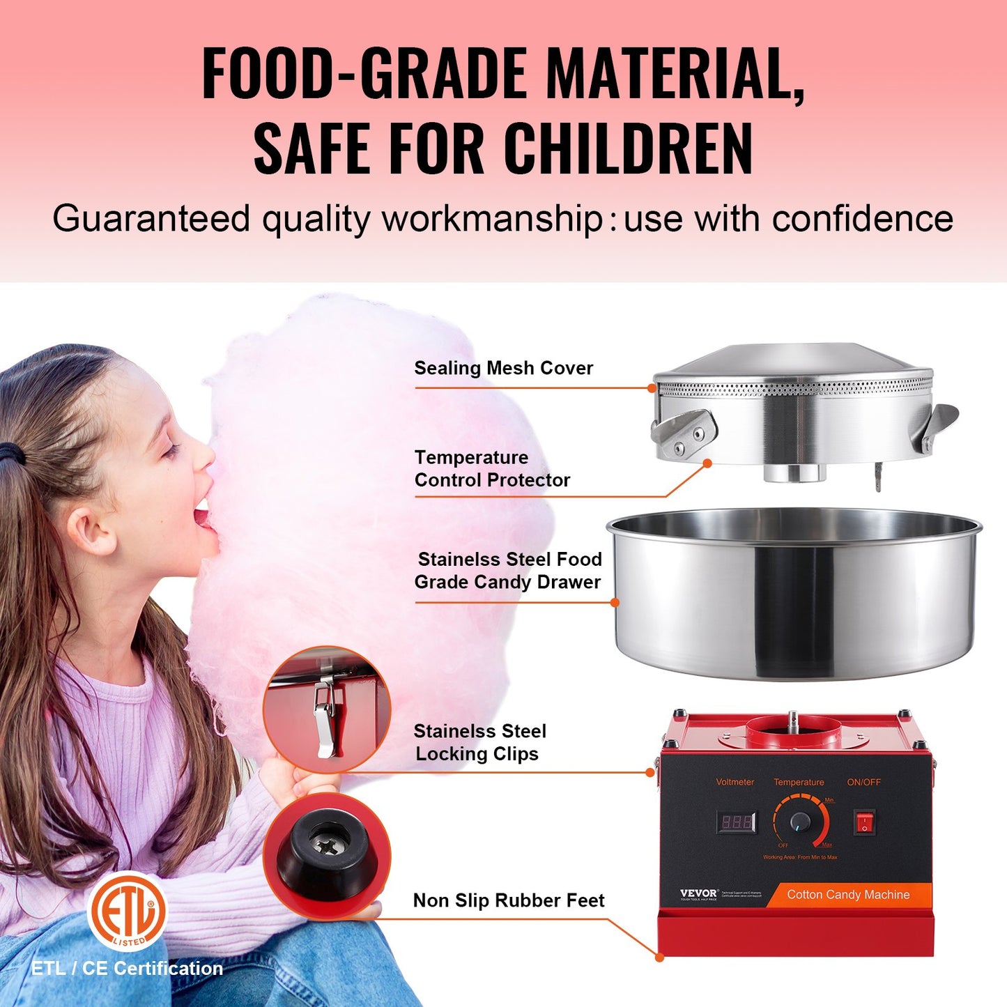 Elektrische Zuckerwattemaschine, 1000W Zuckerwattemaschine, Gewerbliche Zuckerwattemaschine mit Edelstahlschüssel und Zuckerlöffel, Perfekt für Kindergeburtstage und Familienfeiern zu Hause (Rot)