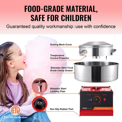 Elektrische Zuckerwattemaschine, 1000W Zuckerwattemaschine, Gewerbliche Zuckerwattemaschine mit Edelstahlschüssel und Zuckerlöffel, Perfekt für Kindergeburtstage und Familienfeiern zu Hause (Rot)