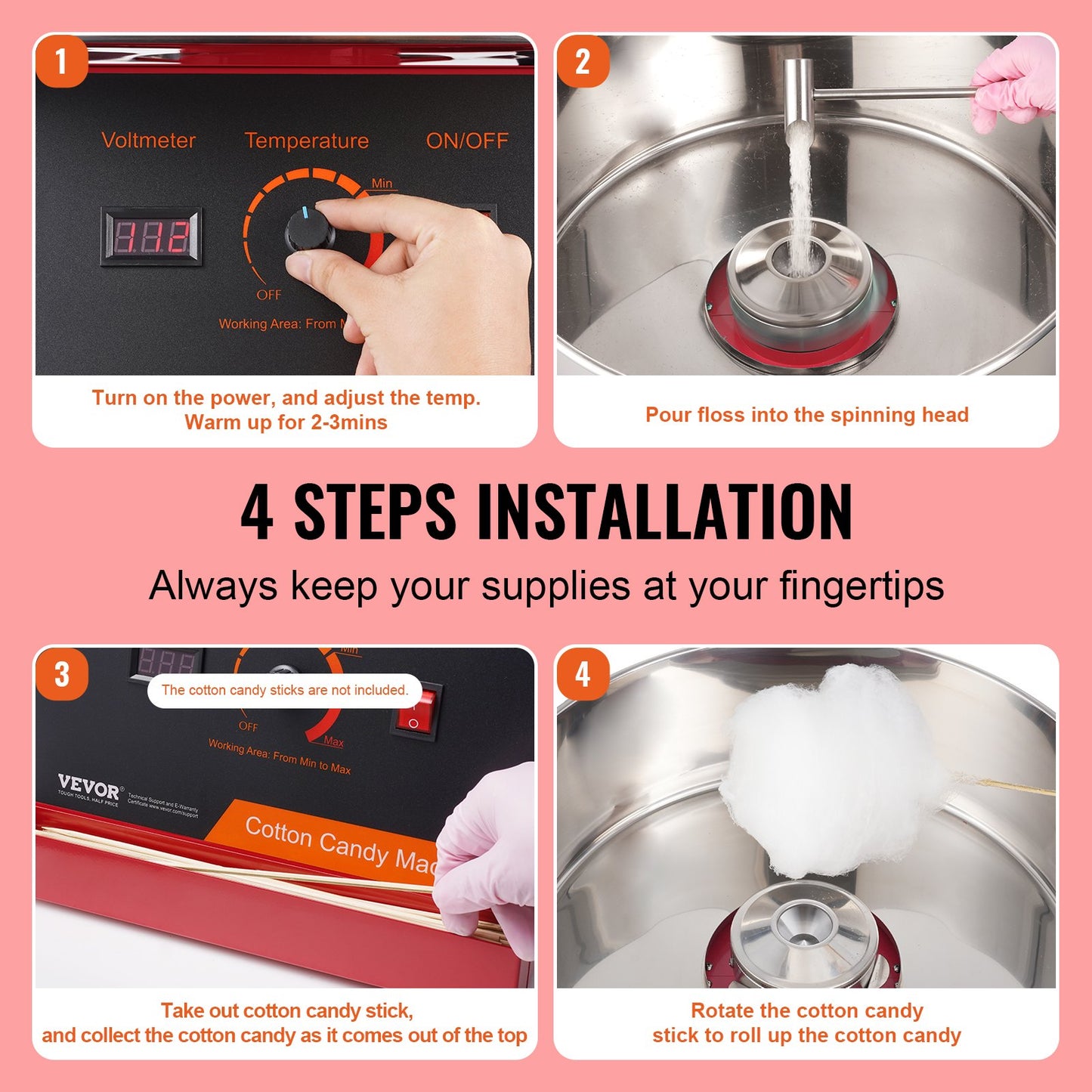 Elektrische Zuckerwattemaschine, 1000W Zuckerwattemaschine, Gewerbliche Zuckerwattemaschine mit Edelstahlschüssel und Zuckerlöffel, Perfekt für Kindergeburtstage und Familienfeiern zu Hause (Rot)