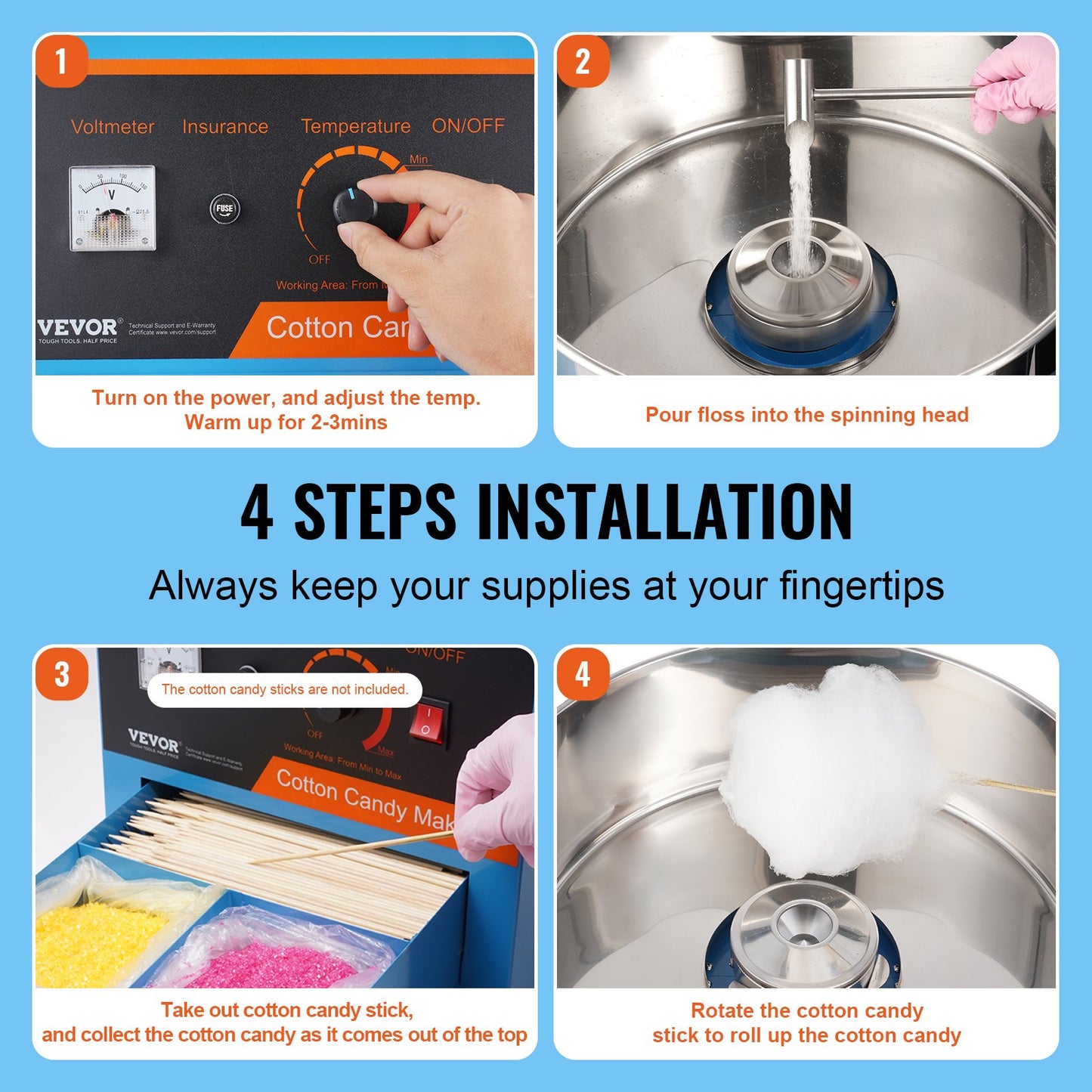 Elektrische Zuckerwattemaschine, 1000 W, Gewerbegerät mit Deckel, Edelstahlschüssel, Zuckerlöffel, Schublade, ideal für Kindergeburtstage, Familienfeiern, Blau