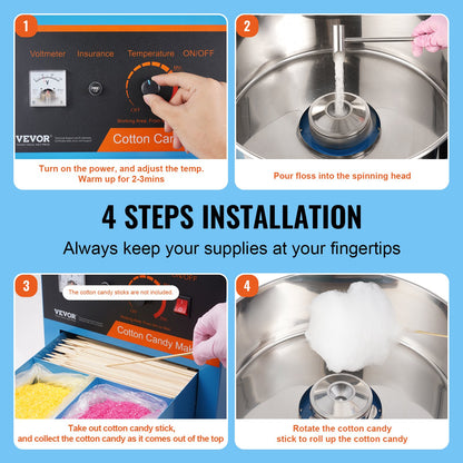 Elektrische Zuckerwattemaschine, 1000 W, Gewerbegerät mit Deckel, Edelstahlschüssel, Zuckerlöffel, Schublade, ideal für Kindergeburtstage, Familienfeiern, Blau