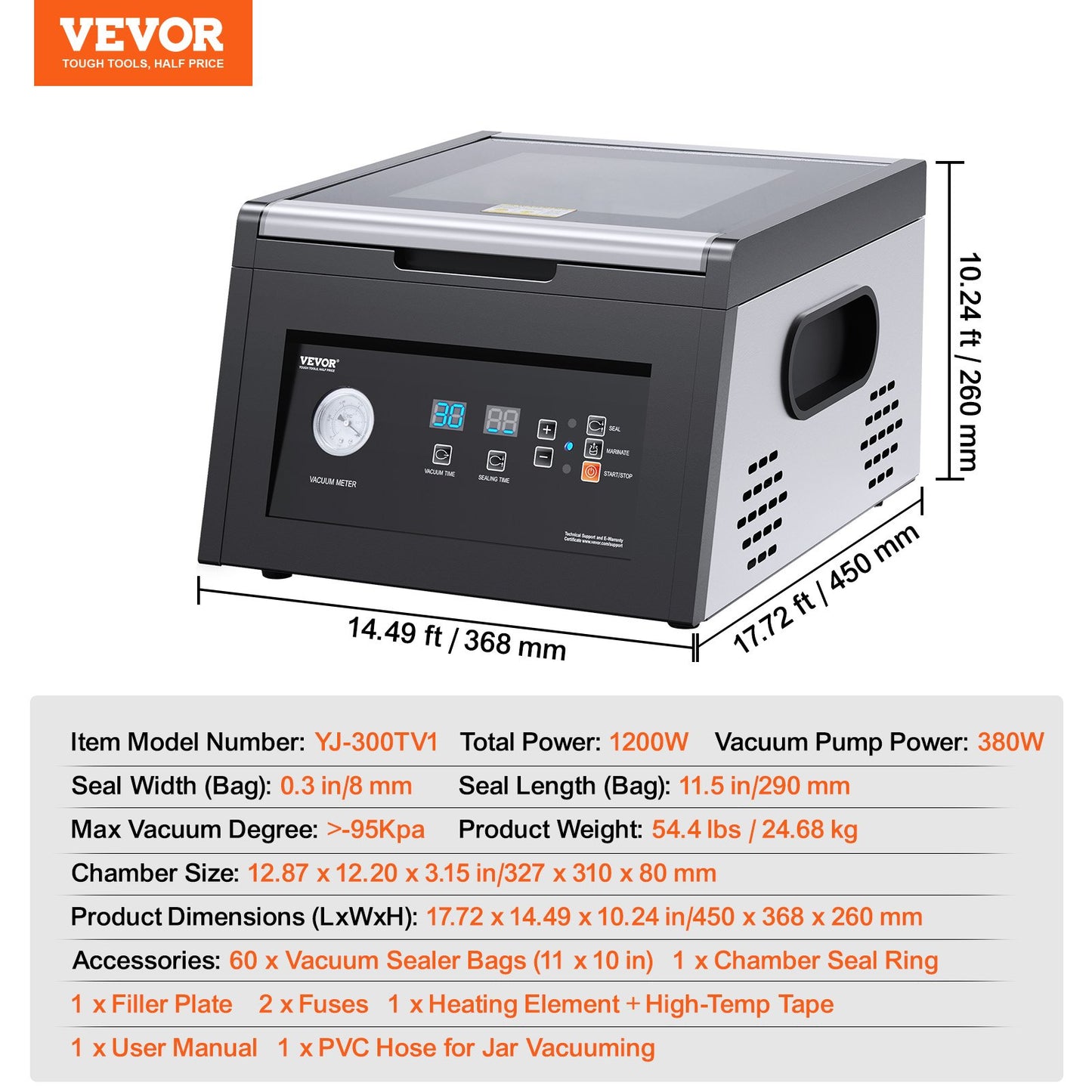 Chamber Vacuum Sealer, 380W Vacuum Pump Power, Sealing Bag Packing Machine for Wet Foods, Meat, Compact Design with 290 mm Sealing Length, Ideal Commercial Sealer for Professional and Home Use