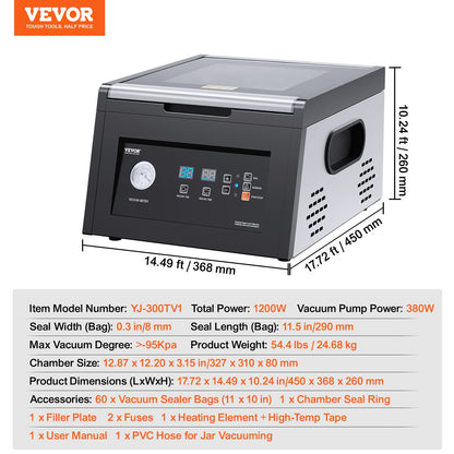 Chamber Vacuum Sealer, 380W Vacuum Pump Power, Sealing Bag Packing Machine for Wet Foods, Meat, Compact Design with 290 mm Sealing Length, Ideal Commercial Sealer for Professional and Home Use