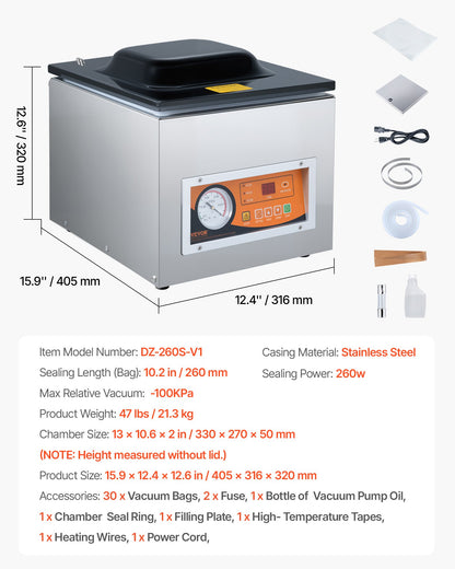 Chamber Vacuum Sealer, 260W Sealing Power, Vacuum Packing Machine for Wet Foods, Meats, Marinades and More, Compact Size with 260 mm Sealing Length, Applied in Home Kitchen and Commercial Use
