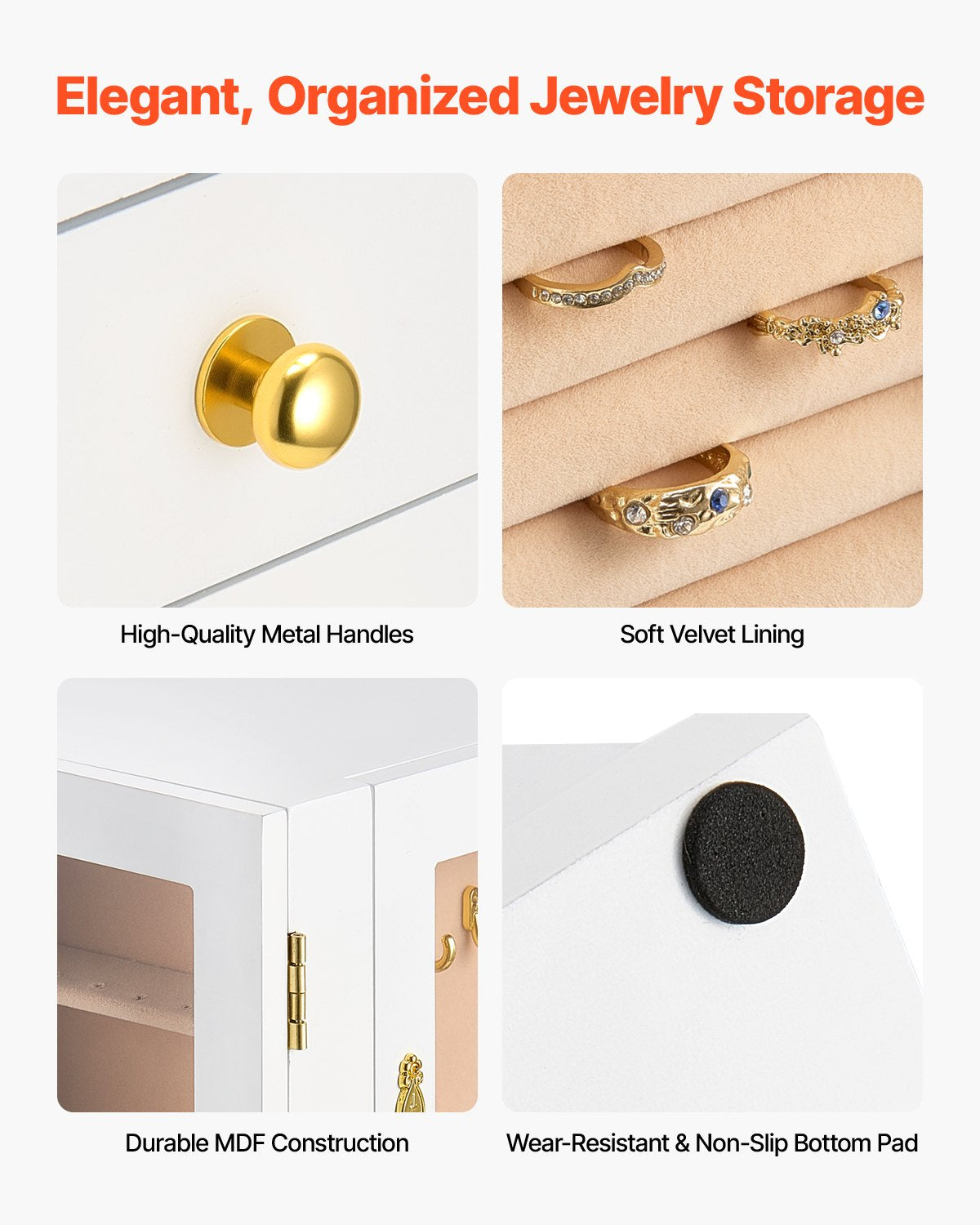 Schmuckkästchen, 360° drehbarer Schmuckorganizer mit 5 Schubladen, Acrylfenster, 4 Kettenhaken pro Seite, geräumiges Aufbewahrungsfach mit Metallgriffen, Bodenpolster und weichem Samtfutter, weiß