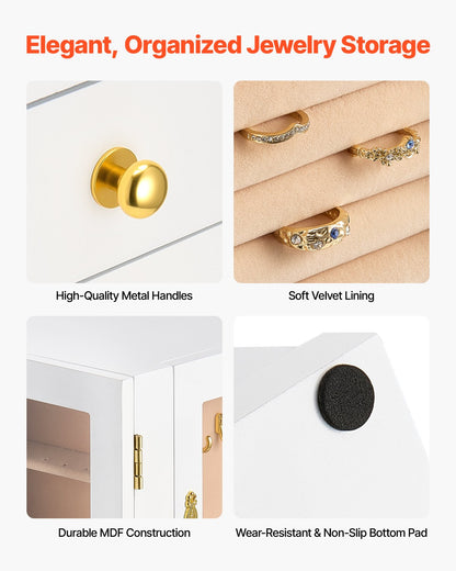 Schmuckkästchen, 360° drehbarer Schmuckorganizer mit 5 Schubladen, Acrylfenster, 4 Kettenhaken pro Seite, geräumiges Aufbewahrungsfach mit Metallgriffen, Bodenpolster und weichem Samtfutter, weiß
