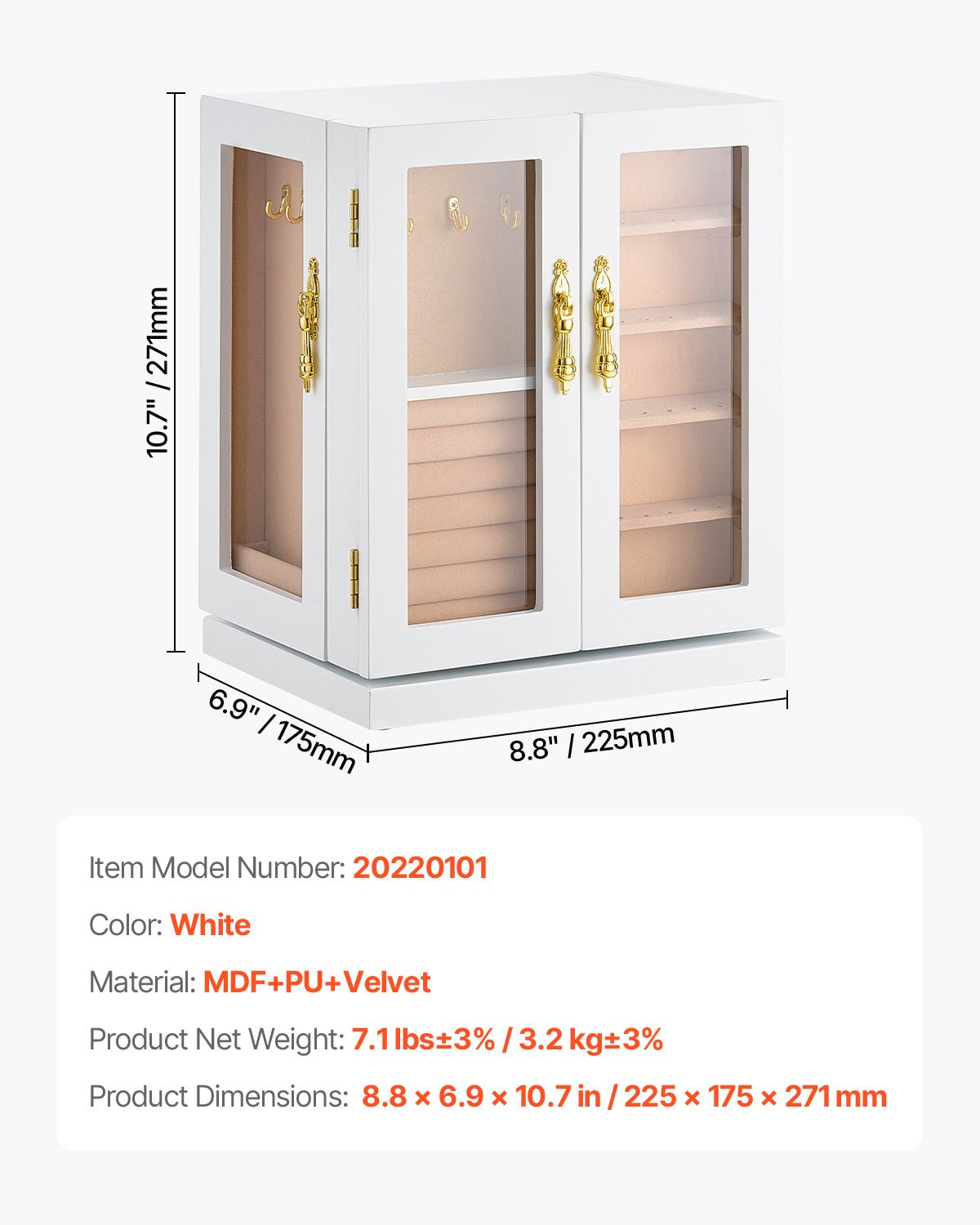 Schmuckkästchen, 360° drehbarer Schmuckorganizer mit 5 Schubladen, Acrylfenster, 4 Kettenhaken pro Seite, geräumiges Aufbewahrungsfach mit Metallgriffen, Bodenpolster und weichem Samtfutter, weiß
