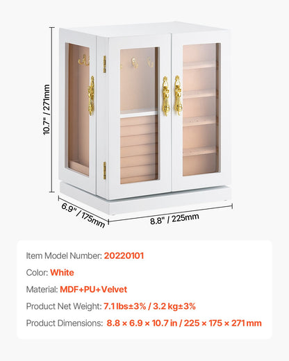 Schmuckkästchen, 360° drehbarer Schmuckorganizer mit 5 Schubladen, Acrylfenster, 4 Kettenhaken pro Seite, geräumiges Aufbewahrungsfach mit Metallgriffen, Bodenpolster und weichem Samtfutter, weiß