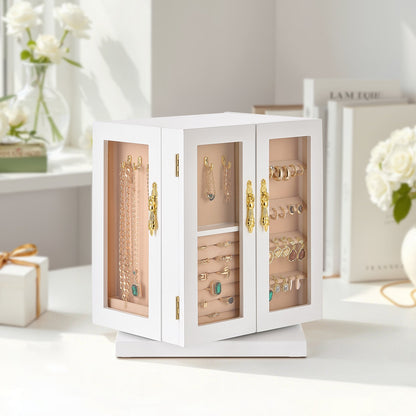 Schmuckkästchen, 360° drehbarer Schmuckorganizer mit 5 Schubladen, Acrylfenster, 4 Kettenhaken pro Seite, geräumiges Aufbewahrungsfach mit Metallgriffen, Bodenpolster und weichem Samtfutter, weiß