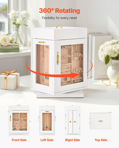 Jewelry Box, 360° Rotating Jewelry Organizer with Magnetic Door, Acrylic Window and Built-in 4 Necklace Hooks, Spacious Storage Case with Metal Handles, Bottom Pad and Soft Flannel Lining, White