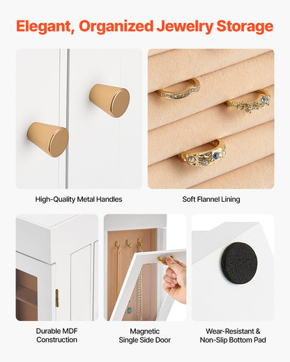 Jewelry Box, 360° Rotating Jewelry Organizer with Magnetic Door, Acrylic Window and Built-in 4 Necklace Hooks, Spacious Storage Case with Metal Handles, Bottom Pad and Soft Flannel Lining, White