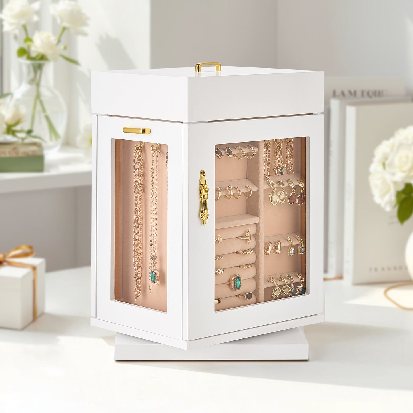 Jewelry Box, 360° Rotating Jewelry Organizer with Magnetic Door, Acrylic Window and Built-in 4 Necklace Hooks, Spacious Storage Case with Metal Handles, Bottom Pad and Soft Flannel Lining, White