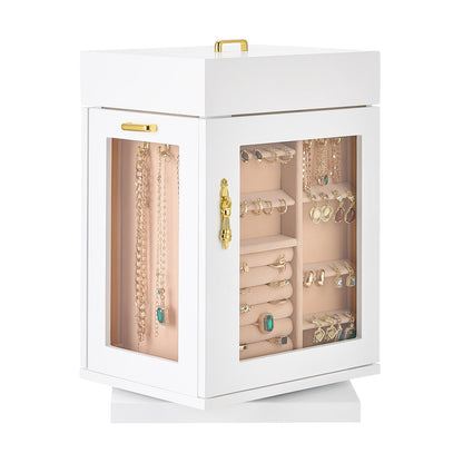 Jewelry Box, 360° Rotating Jewelry Organizer with Magnetic Door, Acrylic Window and Built-in 4 Necklace Hooks, Spacious Storage Case with Metal Handles, Bottom Pad and Soft Flannel Lining, White