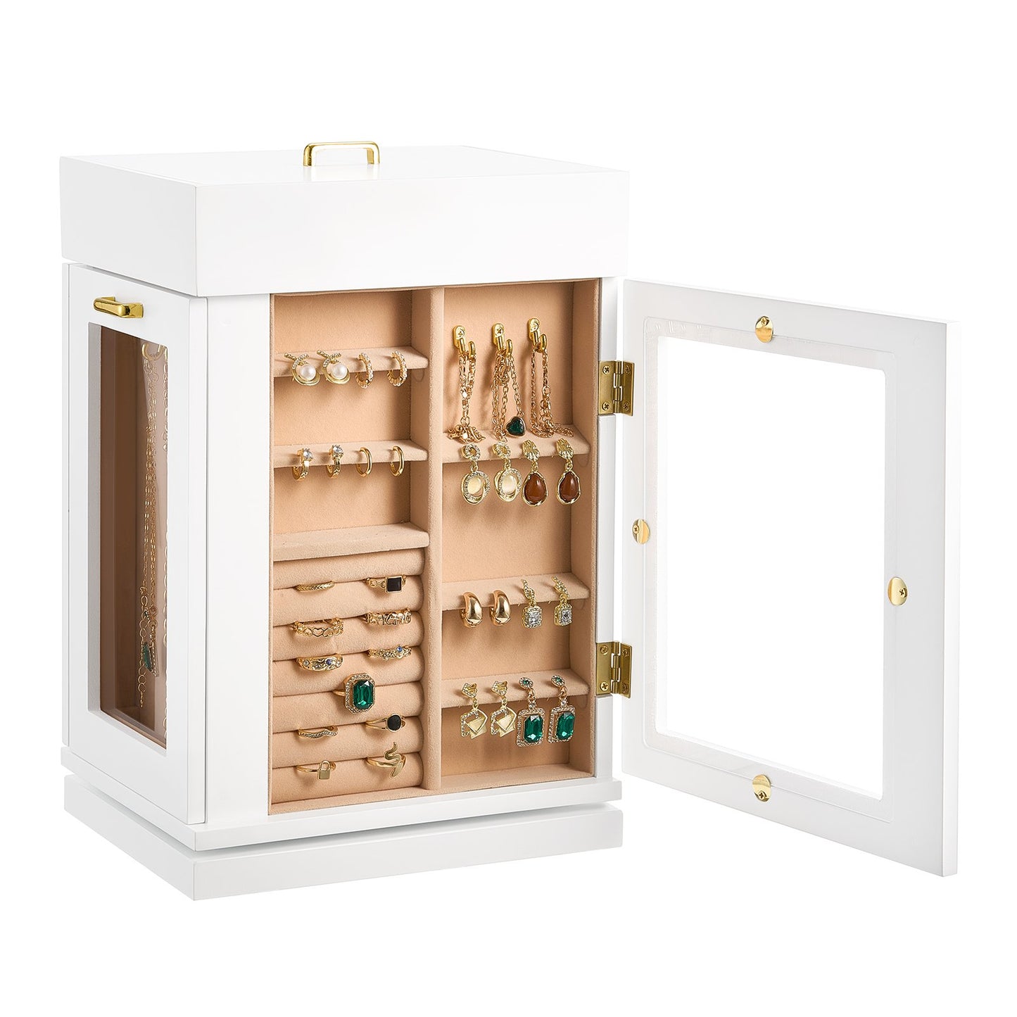 Jewelry Box, 360° Rotating Jewelry Organizer with Magnetic Door, Acrylic Window and Built-in 4 Necklace Hooks, Spacious Storage Case with Metal Handles, Bottom Pad and Soft Flannel Lining, White