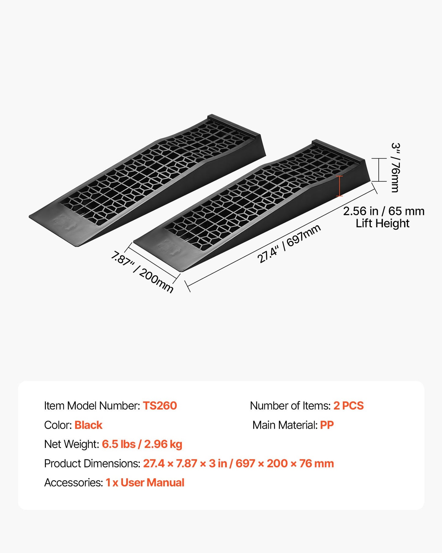 Car Ramps, 2 PCS 9072 kg GVW Capacity, 65 mm Lift Height, Portable Low Profile Car Service Ramps for Home Garage Maintenance & Oil Changes, Heavy Duty for Low Chassis Vehicle & Support Jack