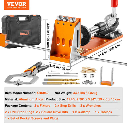 Pocket Hole Jig Kit, 34 Pcs Pocket Hole Jig System with 27.9 cm C-clamp, Fixture, Step Drills, Wrenches, Drill Stop Rings, Square Drive Bits, Toolbox, for DIY Carpentry Projects, Adjustable