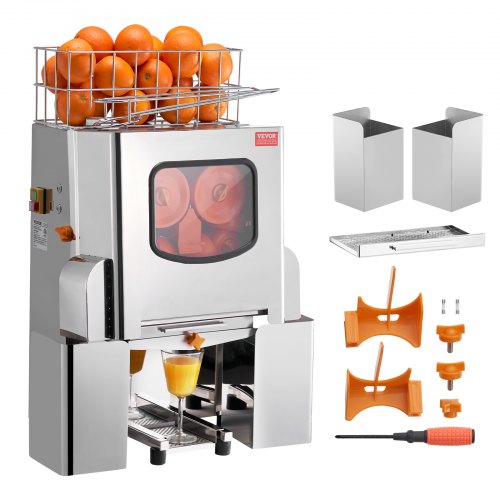 Gewerbliche Orangenpresse, 120 W, automatischer Entsafter, Orangenpresse aus Edelstahl, 20 Orangen/Minute, mit herausnehmbarem Filterbehälter, Edelstahldeckel, 2 Auffangbehälter für die Schalen