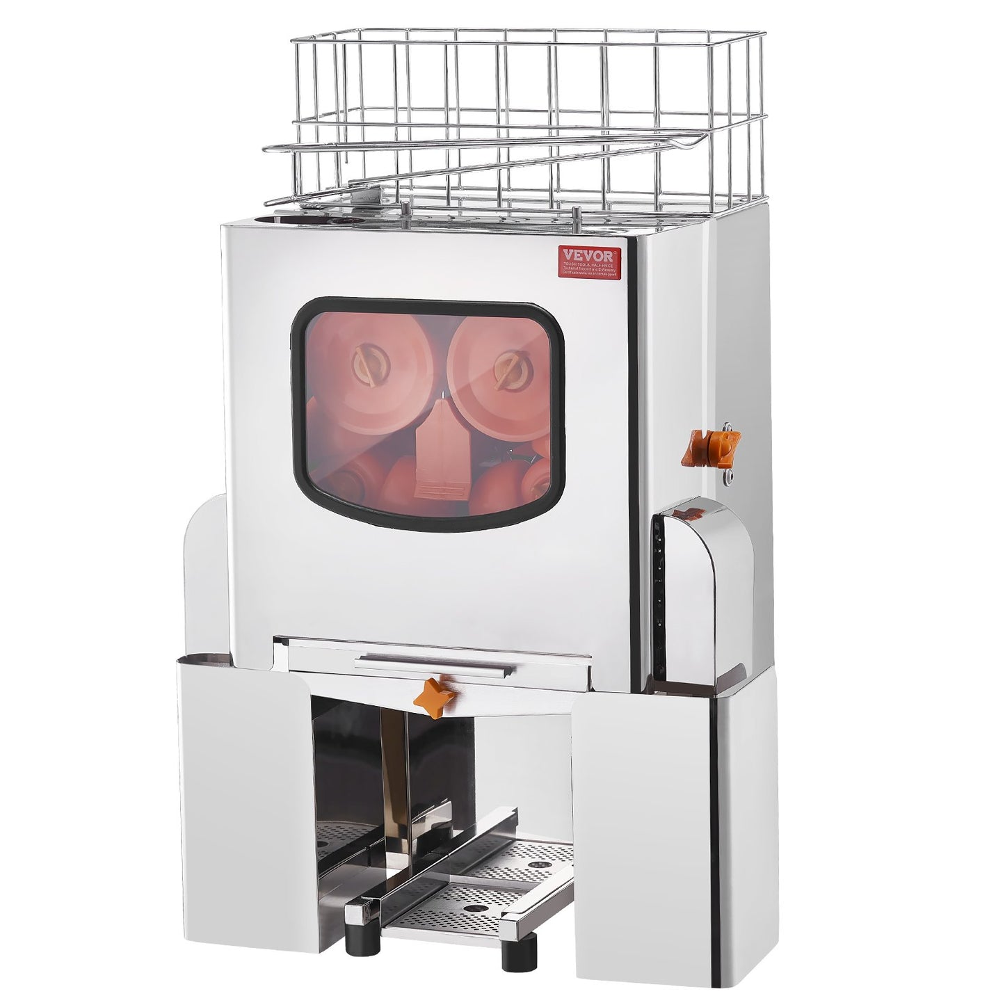 Gewerbliche Orangenpresse, 120 W, automatischer Entsafter, Orangenpresse aus Edelstahl, 20 Orangen/Minute, mit herausnehmbarem Filterbehälter, Edelstahldeckel, 2 Auffangbehälter für die Schalen