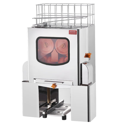 Gewerbliche Orangenpresse, 120 W, automatischer Entsafter, Orangenpresse aus Edelstahl, 20 Orangen/Minute, mit herausnehmbarem Filterbehälter, Edelstahldeckel, 2 Auffangbehälter für die Schalen