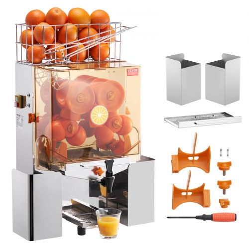 Gewerbliche Orangenpresse, 120 W, automatischer Entsafter mit Wasserhahn, Orangenpresse aus Edelstahl, 20 Orangen/Minute, mit herausnehmbarem Filterfach, PC-Abdeckung, 2 Auffangbehältern für die Schalen