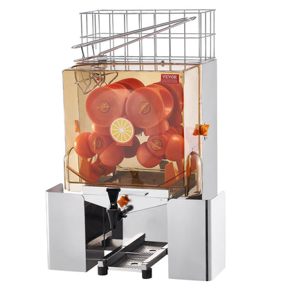 Gewerbliche Orangenpresse, 120 W, automatischer Entsafter mit Wasserhahn, Orangenpresse aus Edelstahl, 20 Orangen/Minute, mit herausnehmbarem Filterfach, PC-Abdeckung, 2 Auffangbehältern für die Schalen