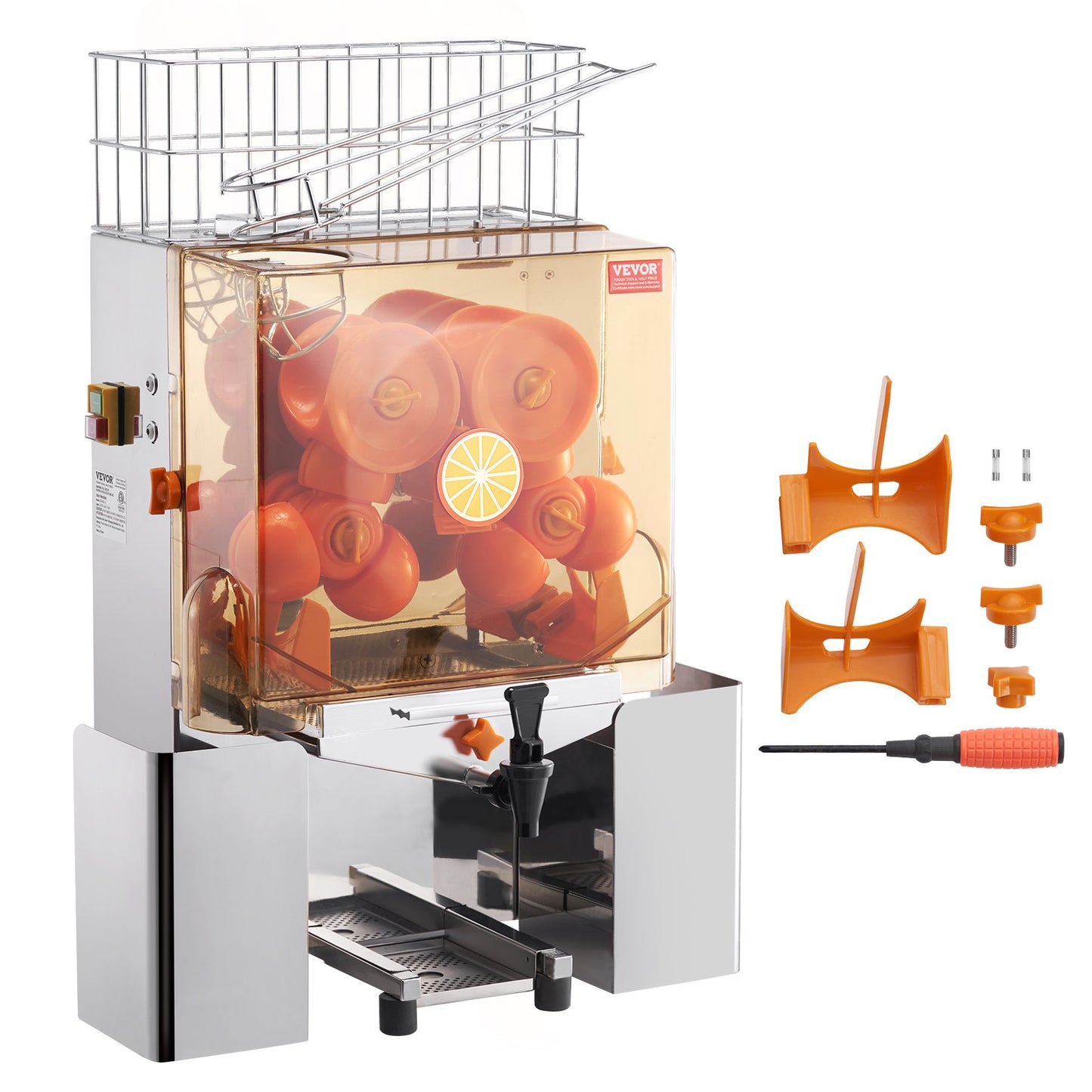 Gewerbliche Orangenpresse, 120 W, automatischer Entsafter mit Wasserhahn, Orangenpresse aus Edelstahl, 20 Orangen/Minute, mit herausnehmbarem Filterfach, PC-Abdeckung, 2 Auffangbehältern für die Schalen