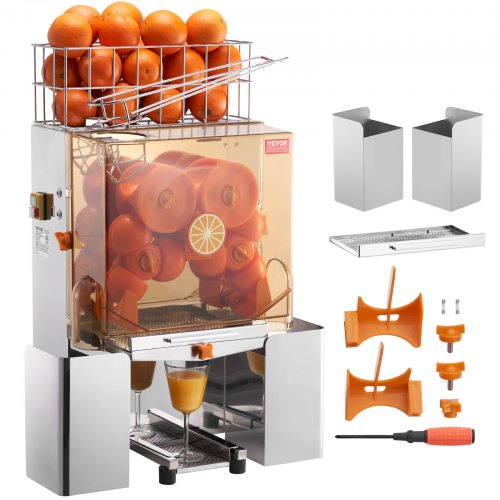 Gewerbliche Orangenpresse, 120 W, automatischer Entsafter, Orangenpresse aus Edelstahl für 20 Orangen pro Minute, mit herausnehmbarem Filterfach, PC-Abdeckung, 2 Auffangbehältern für die Schalen