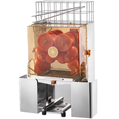 Gewerbliche Orangenpresse, 120 W, automatischer Entsafter, Orangenpresse aus Edelstahl für 20 Orangen pro Minute, mit herausnehmbarem Filterfach, PC-Abdeckung, 2 Auffangbehältern für die Schalen