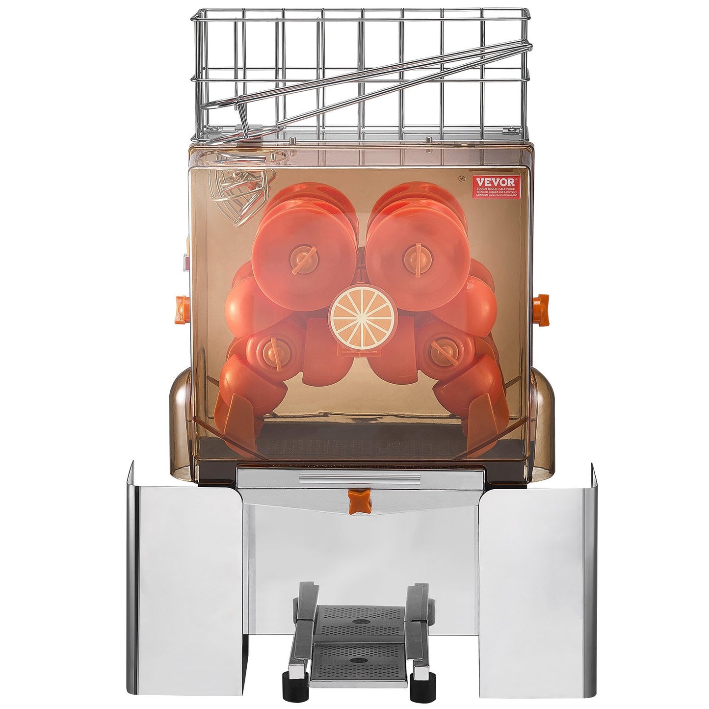 Gewerbliche Orangenpresse, 120 W, automatischer Entsafter, Orangenpresse aus Edelstahl für 20 Orangen pro Minute, mit herausnehmbarem Filterfach, PC-Abdeckung, 2 Auffangbehältern für die Schalen