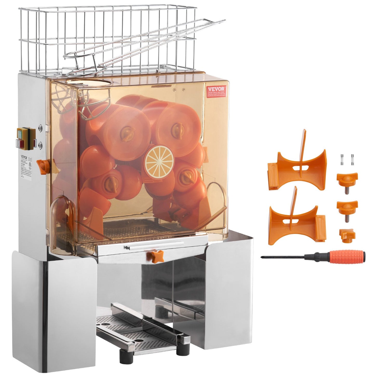 Gewerbliche Orangenpresse, 120 W, automatischer Entsafter, Orangenpresse aus Edelstahl für 20 Orangen pro Minute, mit herausnehmbarem Filterfach, PC-Abdeckung, 2 Auffangbehältern für die Schalen
