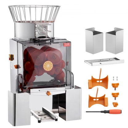 Gewerbliche Orangenpresse, 120 W, automatischer Saftauspresser, Edelstahl-Entsafter für 25 Orangen pro Minute, mit herausnehmbarem Filterfach, PC-Abdeckung und 2 Schalenauffangbehältern