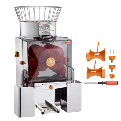Gewerbliche Orangenpresse, 120 W, automatischer Saftauspresser, Edelstahl-Entsafter für 25 Orangen pro Minute, mit herausnehmbarem Filterfach, PC-Abdeckung und 2 Schalenauffangbehältern