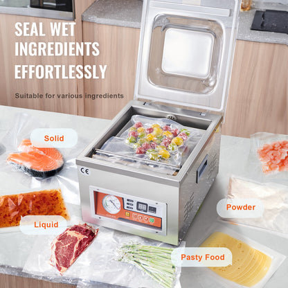 Chamber Vacuum Sealer, 260W Sealing Power, Vacuum Packing Machine for Wet Foods, Meats, Marinades and More, Compact Size with 10.2" Sealing Length, Applied in Home Kitchen and Commercial Use