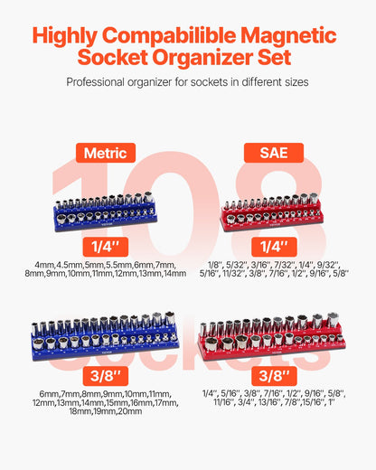 Magnetic Socket Organizer Set, 4PCS Magnetic Socket Holder, 1/4'' & 3/8'' Metric SAE Socket Trays with Clear Labels, Hold up to 108PCS Standard & Deep Sockets, Blue & Red (Sockets Not Included)