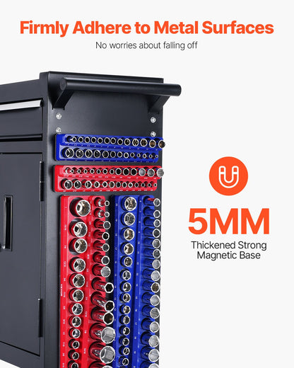 Magnetic Socket Organizer Set, 4PCS Magnetic Socket Holder, 1/4'' & 3/8'' Metric SAE Socket Trays with Clear Labels, Hold up to 108PCS Standard & Deep Sockets, Blue & Red (Sockets Not Included)