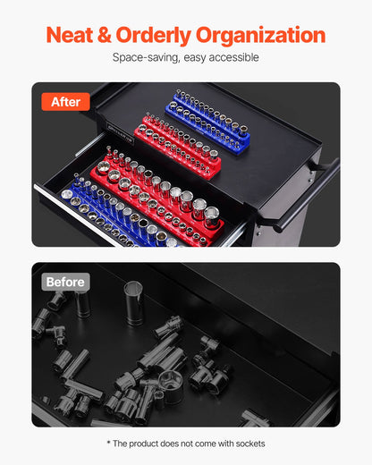 Magnetic Socket Organizer Set, 4PCS Magnetic Socket Holder, 1/4'' & 3/8'' Metric SAE Socket Trays with Clear Labels, Hold up to 108PCS Standard & Deep Sockets, Blue & Red (Sockets Not Included)