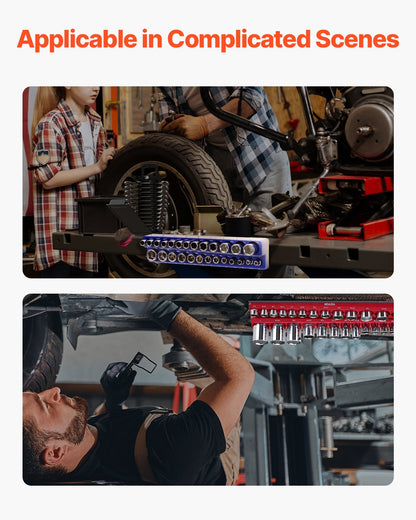 Magnetic Socket Organizer Set, 4PCS Magnetic Socket Holder, 1/4'' & 3/8'' Metric SAE Socket Trays with Clear Labels, Hold up to 108PCS Standard & Deep Sockets, Blue & Red (Sockets Not Included)