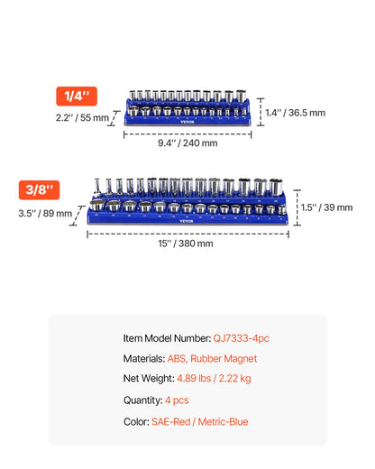 Magnetic Socket Organizer Set, 4PCS Magnetic Socket Holder, 1/4'' & 3/8'' Metric SAE Socket Trays with Clear Labels, Hold up to 108PCS Standard & Deep Sockets, Blue & Red (Sockets Not Included)