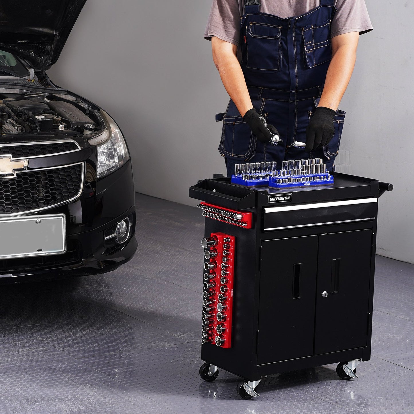 Magnetic Socket Organizer Set, 4PCS Magnetic Socket Holder, 1/4'' & 3/8'' Metric SAE Socket Trays with Clear Labels, Hold up to 108PCS Standard & Deep Sockets, Blue & Red (Sockets Not Included)