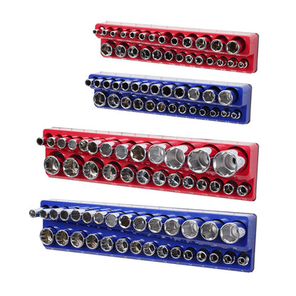 Magnetic Socket Organizer Set, 4PCS Magnetic Socket Holder, 1/4'' & 3/8'' Metric SAE Socket Trays with Clear Labels, Hold up to 108PCS Standard & Deep Sockets, Blue & Red (Sockets Not Included)