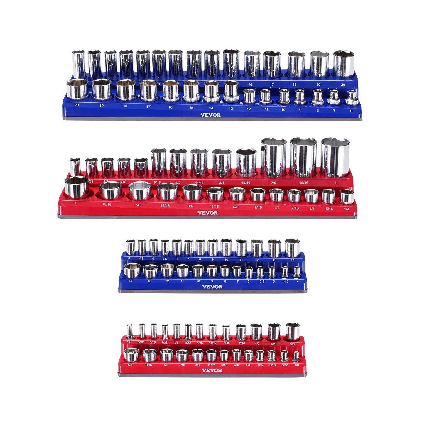 Magnetic Socket Organizer Set, 4PCS Magnetic Socket Holder, 1/4'' & 3/8'' Metric SAE Socket Trays with Clear Labels, Hold up to 108PCS Standard & Deep Sockets, Blue & Red (Sockets Not Included)