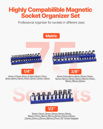 Magnetisches Steckdosen-Organizer-Set, 3-teilig, magnetische Steckdose, Ziegel oder Blau für metrisch