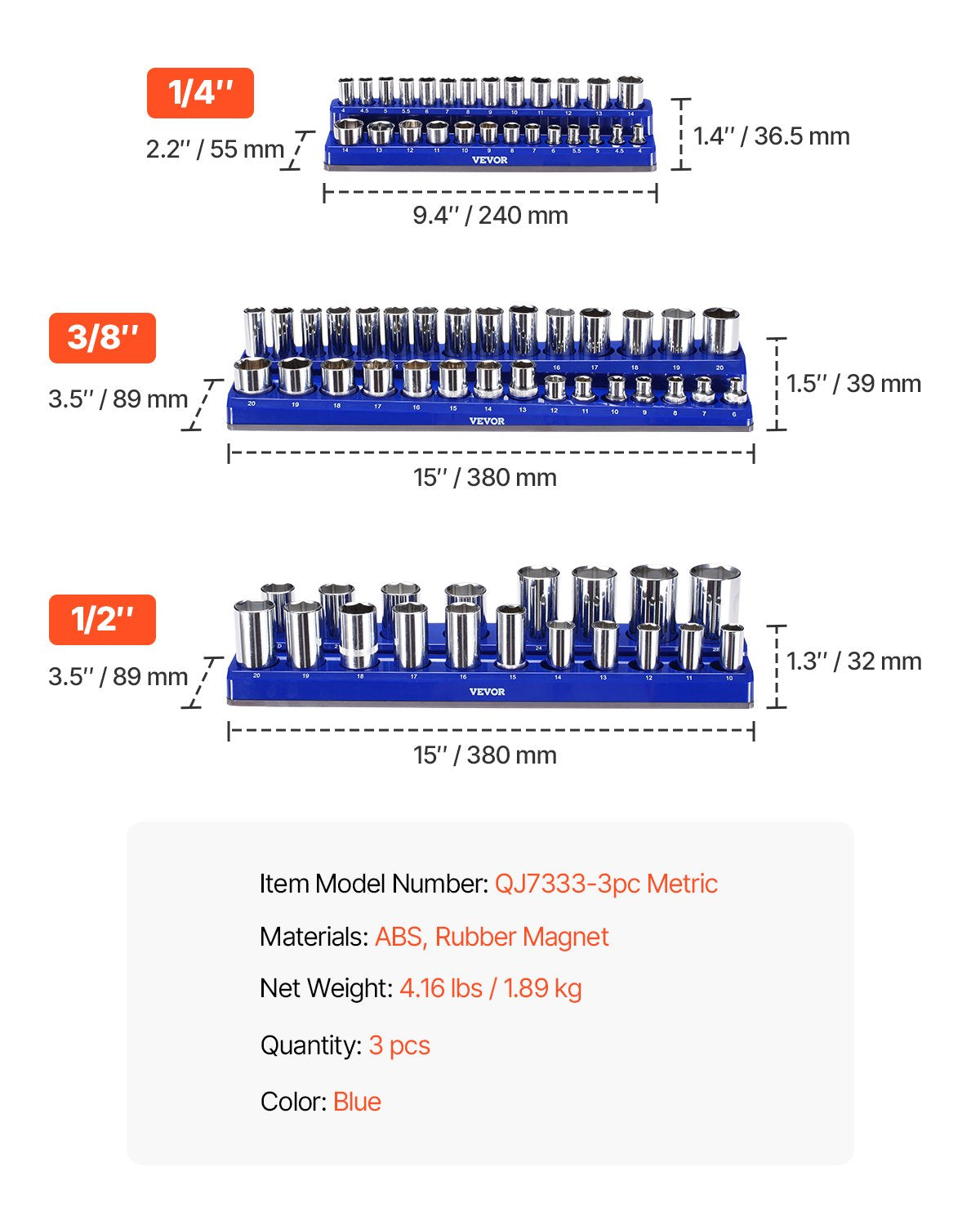 Magnetisches Steckdosen-Organizer-Set, 3-teilig, magnetische Steckdose, Ziegel oder Blau für metrisch
