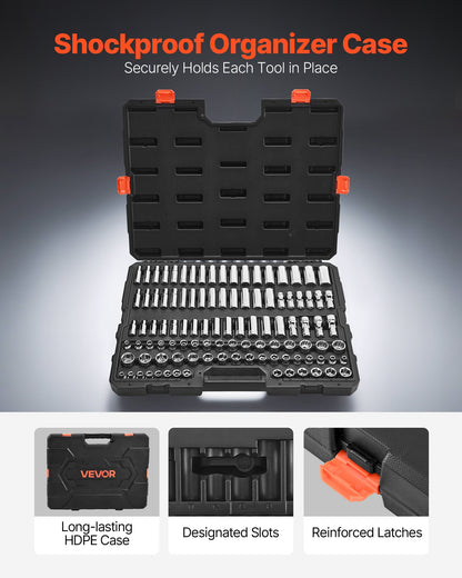 Socket Set, 104 Pieces, 9.5 mm Drive Socket Tool Set, Metric Size from 6 to 24 mm, Deep and Standard, Mechanic Tool Kit with Storage Case, Chrome Plated CR-V Alloy Steel, for Automotive Repair